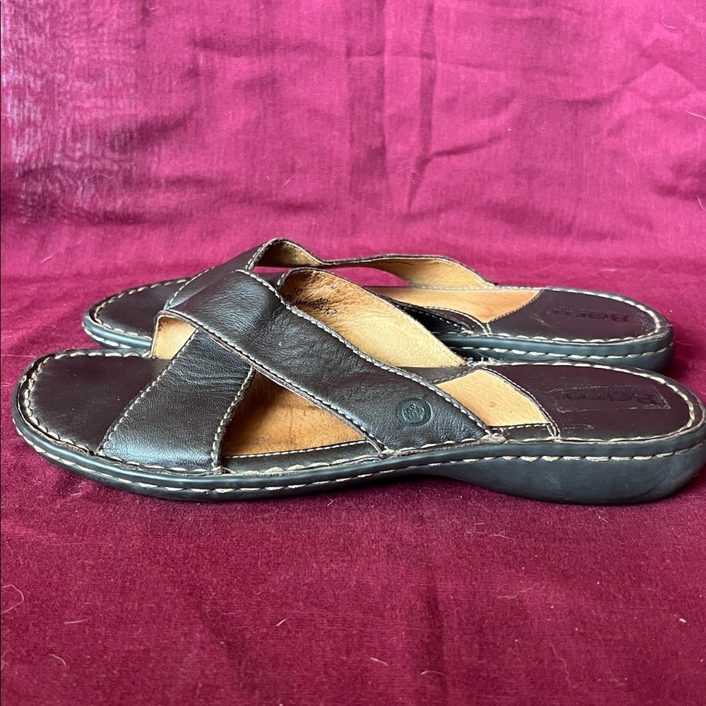 Born Leather Brown Cross Strap Slides/Sandals - 10 - Picture 6 of 10